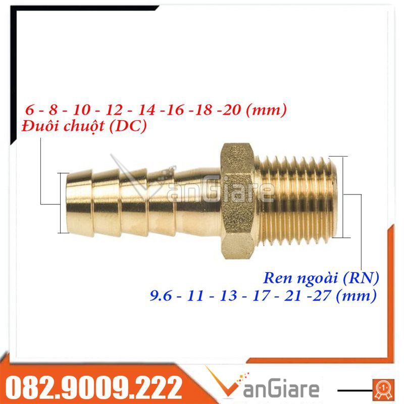 Nối đuôi chuột ren ngoài đồng thau 6mm 8mm 10mm 12mm 14mm 16mm 18mm 20mm