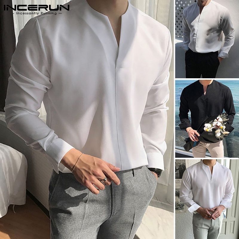 Áo sơ mi INCERUN mềm cổ chữ V tay dài phong cách Hàn Quốc thanh lịch cho nam