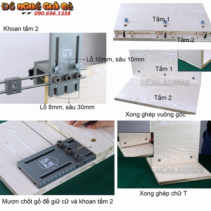 Cữ khoan chốt gỗ ốc cam YOMO - Cữ khoan thẳng và chốt liên kết ( Bộ đầy đủ )