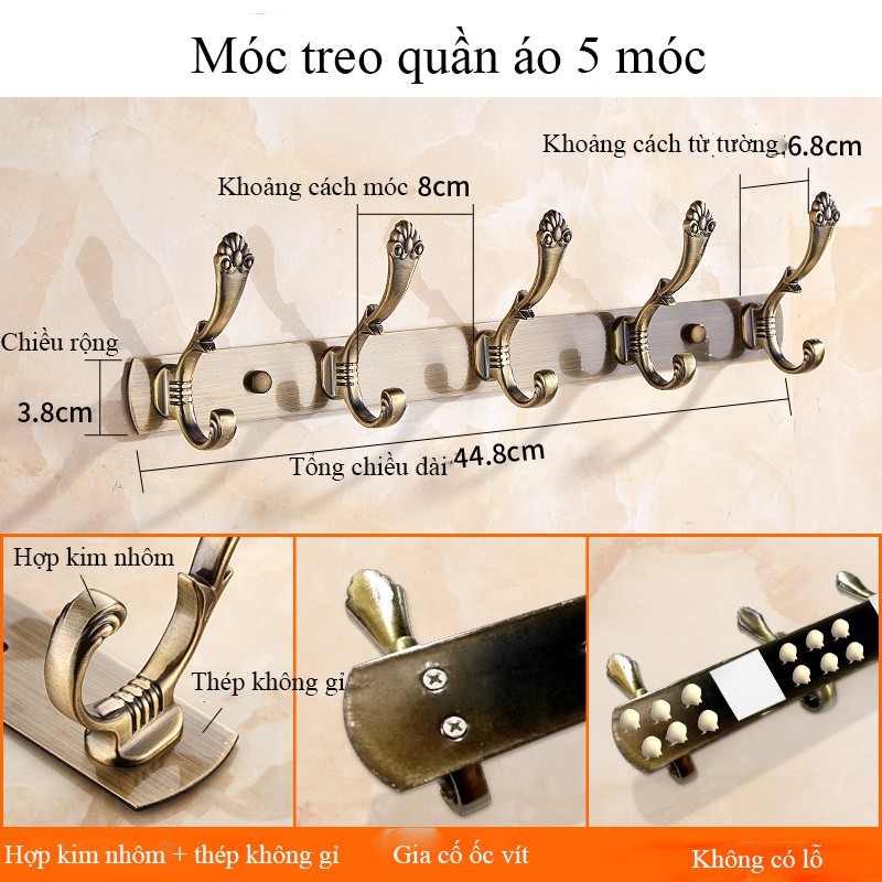 Móc treo quần áo (5 móc) phong cách cổ điển, sang trọng bằng hợp kim và thép không gỉ (màu tùy chọn)