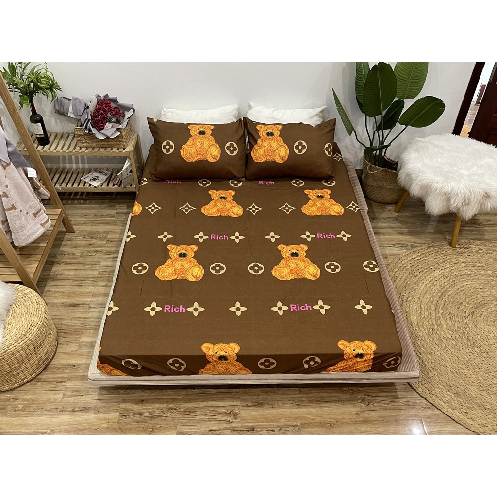 set 3 món ga gối cotton EMMIBEDDING STORE mẫu gấu NÂU gồm 1 ga và 2 vỏ gối nằm