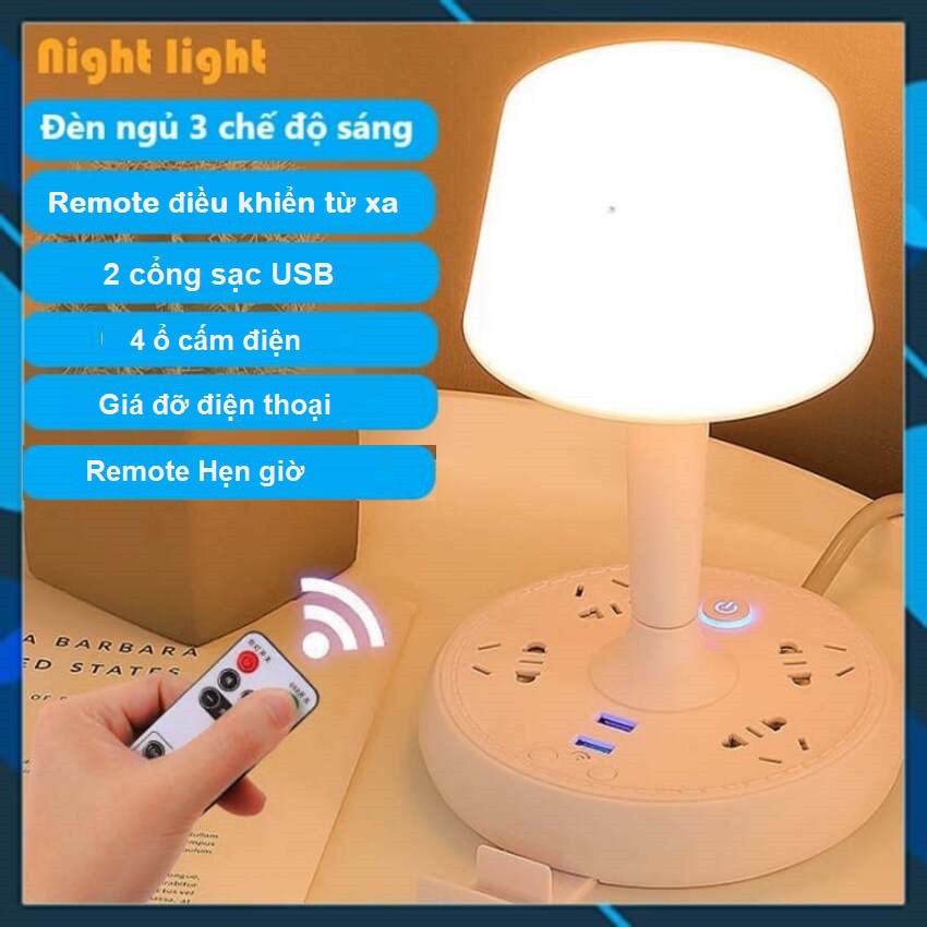 Đèn ngủ đa năng |Điều khiển từ xa, hẹn giờ tắt | Tích hợp 2 cổng USB, 4 ổ cắm điện, 3 chế độ sáng | thiết bị thông minh