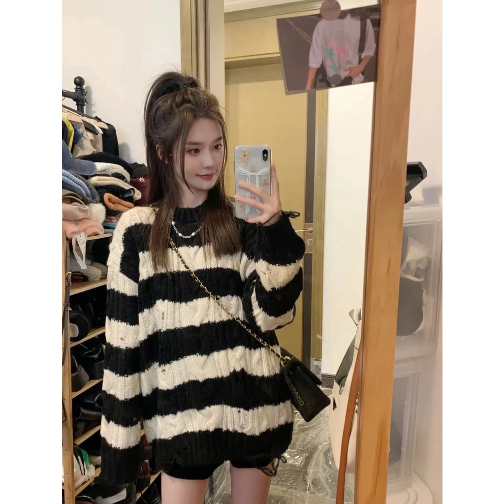 ZHELIHANGFEI Áo Len Tay Dài Form Rộng Họa Tiết Sọc Theo Phong Cách Preppy