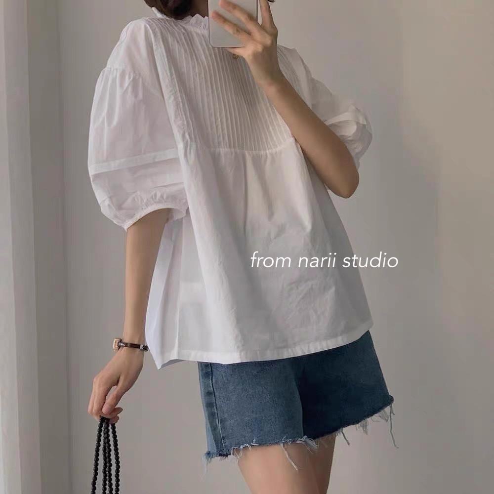 Áo sơ mi nữ tay dài NARII áo babydoll trắng Ulzzang Hàn Quốc xếp ly tay bồng