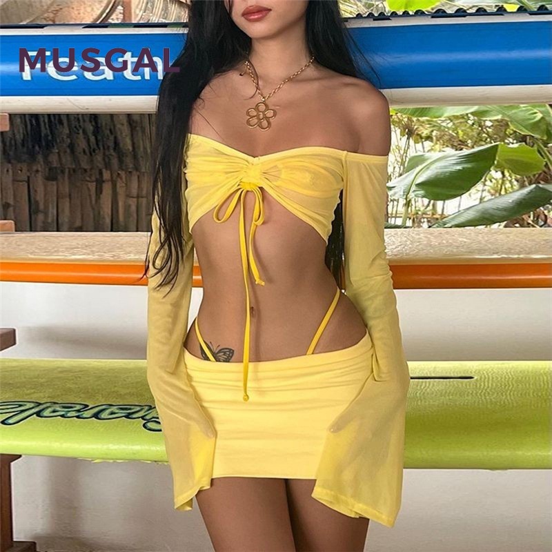 Bộ Áo Tay Dài Màu Trơn Ôm Dáng + Chân Váy Thời Trang Cho Nữ