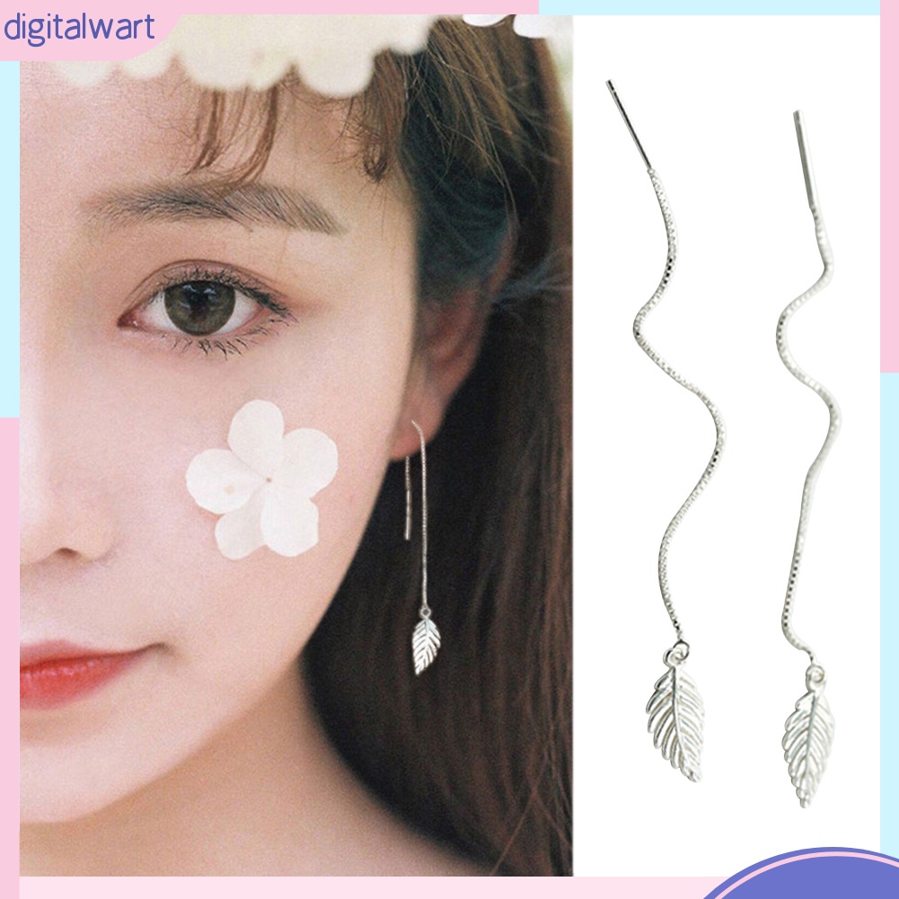Đôi khuyên tai dạng chuỗi dài thiết kế hình chiếc lá xinh xắn cho nữ