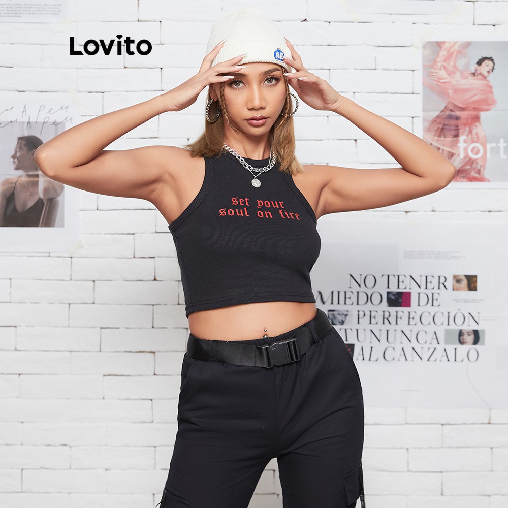 Áo croptop sát nách Lovito không tay in chữ phong cách thường ngày L08145 (đen) | BigBuy360 - bigbuy360.vn