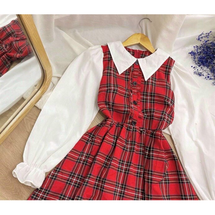 Đầm caro đỏ cổ sen, Váy đỏ xòe babydoll tay dài trắng phối nút, đầm công sở tiểu thư đơn giản phong cách hàn quốc