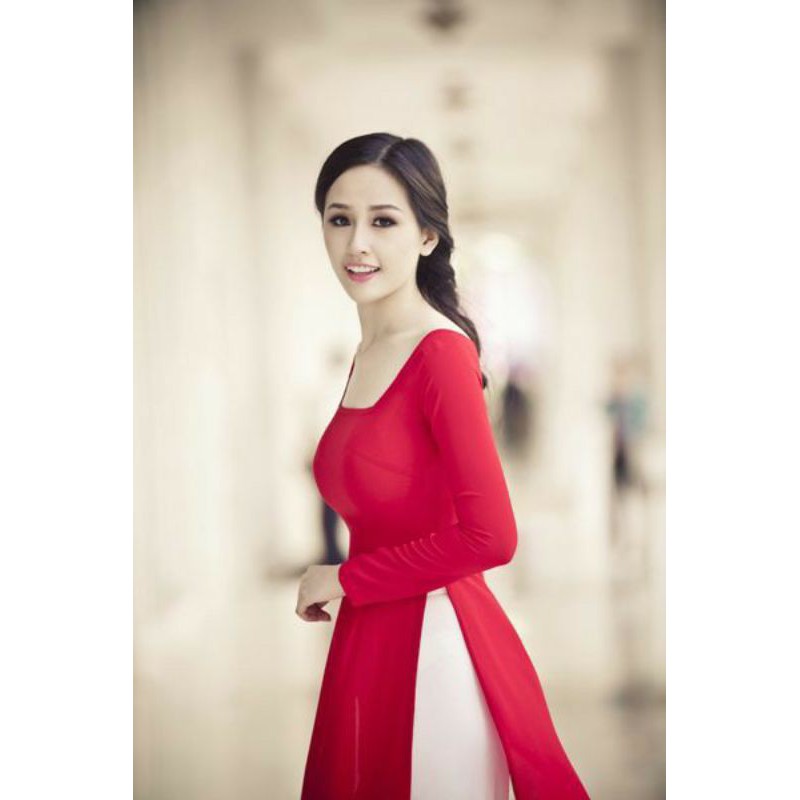 Set áo dài lụa cổ thuyền vuông kèm quần