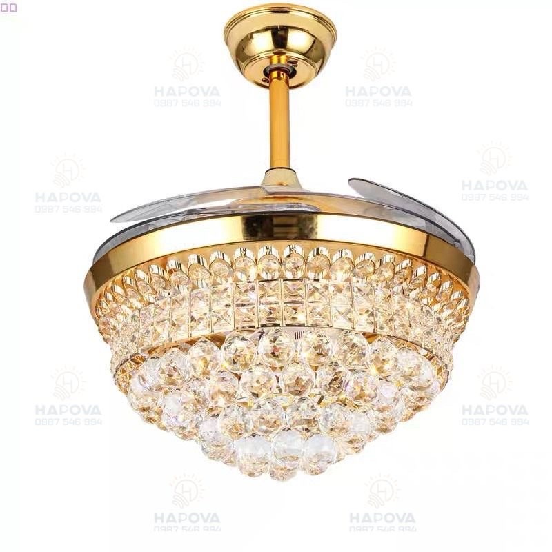 Quạt trần đèn, quạt trần đèn dấu cánh trang trí phòng khách Pha lê HAPOVA ZENKA 8041 + Tặng kèm khiển