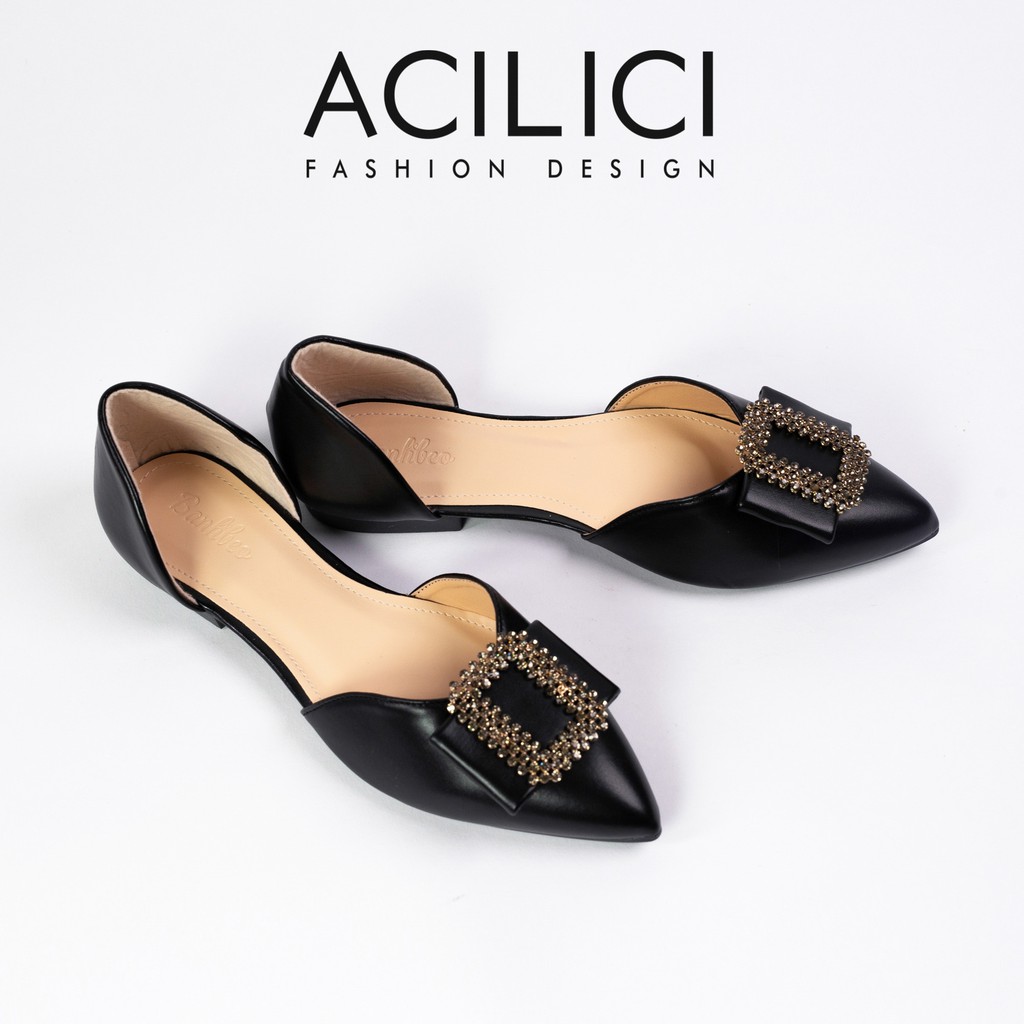 Giày búp bê nữ ACILICI thời trang mũi nhọn, giày da bóng đế bệt coi đính đá kiểu dáng thanh lịch_TC059 | BigBuy360 - bigbuy360.vn