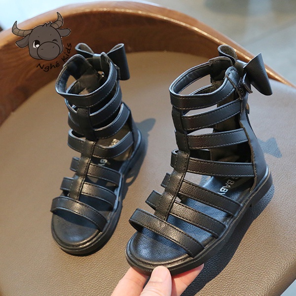 Giày sandal chiến binh cao cổ - Xăng đan bé gái thắt nơ sau phong cách hàn quốc da PU MG Baby 656