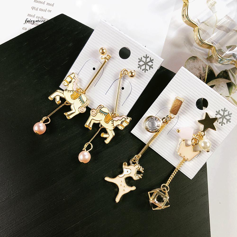 Bông Tai Dài Hình Ngựa Pony Đính Ngọc Trai Giả Dễ Thương Dành Cho Nữ