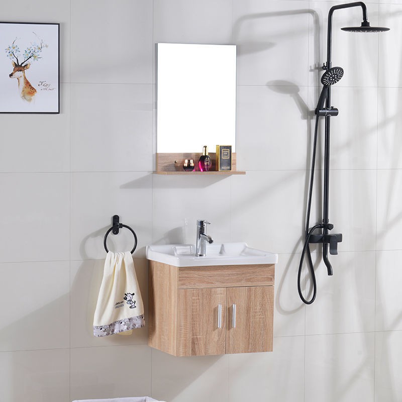 Tủ phòng tắm căn hộ chung cư nhỏ chậu rửa bằng gỗ đặc sàn gương đứng trang điểm kết hợp
