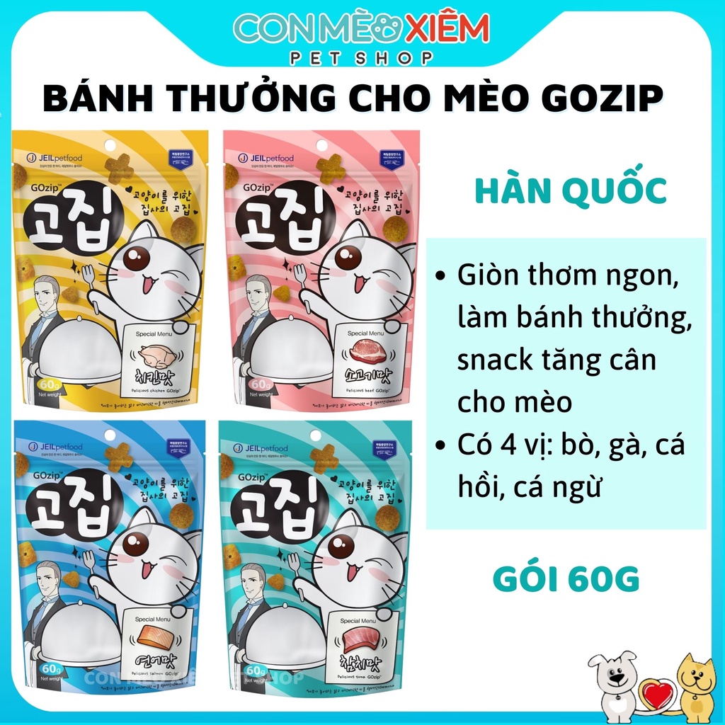 Bánh thưởng cho mèo Gozip delicious 60g, thức ăn snack go zip vặt huấn luyện mèo con lớn Con Mèo Xiêm