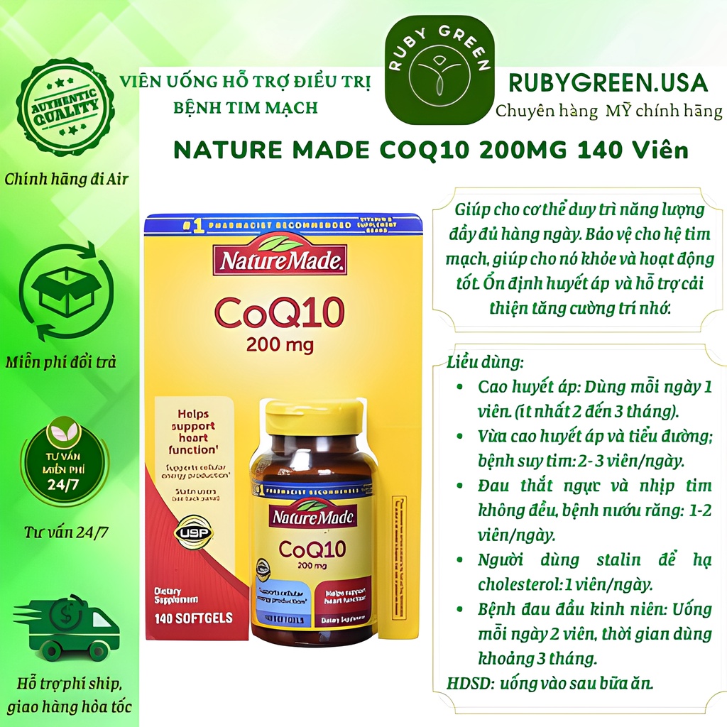 Viên Uống Bổ Tim Mạch ngừa Đột Quỵ CoQ10 200mg Nature Made hộp 140 viên