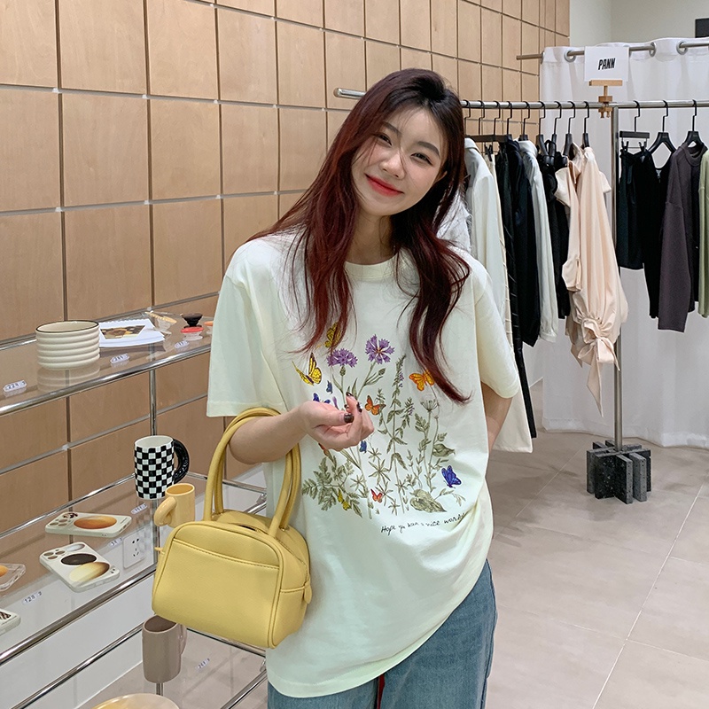 Áo thun SUXI cotton tay ngắn cổ tròn in họa tiết hoa phong cách Hàn Quốc trẻ trung cho nữ
