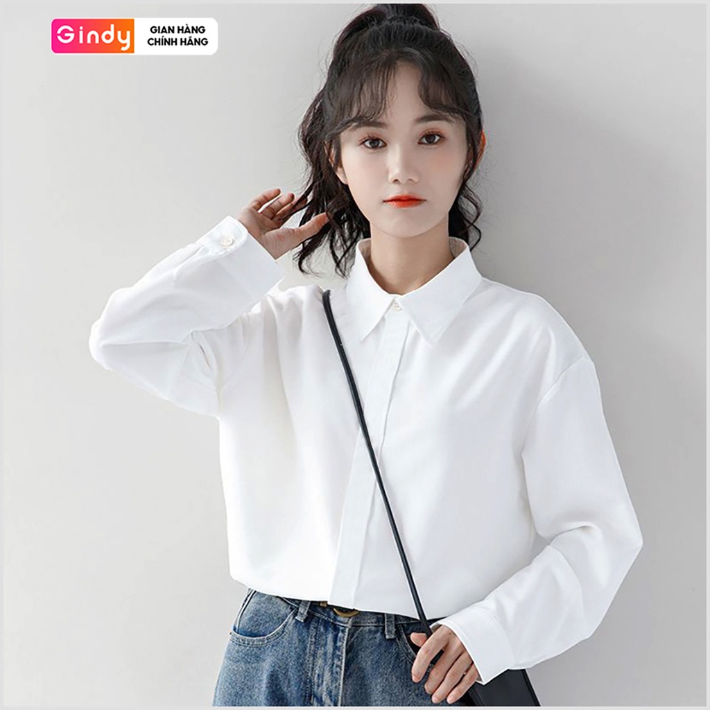 Áo sơ mi trắng nữ form rộng tay dài GINDY thiết kế bassic dấu cúc thời trang công sở học sinh unisex A6110