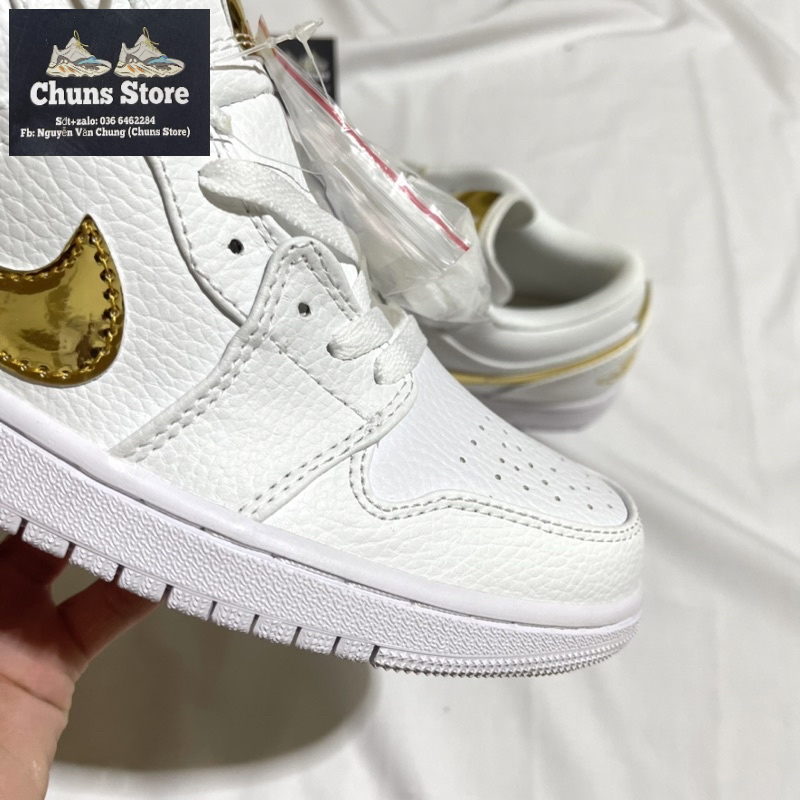 Giày Jordan trắng kẻ vàng da nhăn, giày JD 1 white gold thấp cổ cao cấp full box bảo vệ