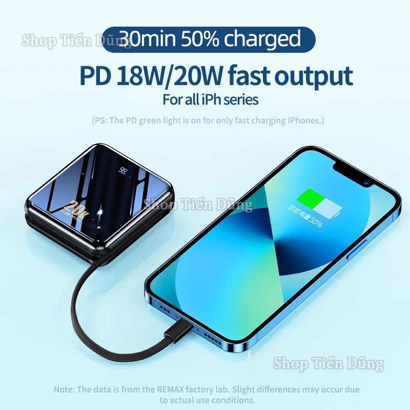 Pin Sạc Dự Phòng Remax RPP 51 Dung Lượng 20000mAh Sạc Nhanh PD20W 22.5W Loại Kèm 2 Dây Sạc Lighning và Type-C Nhỏ Gọn