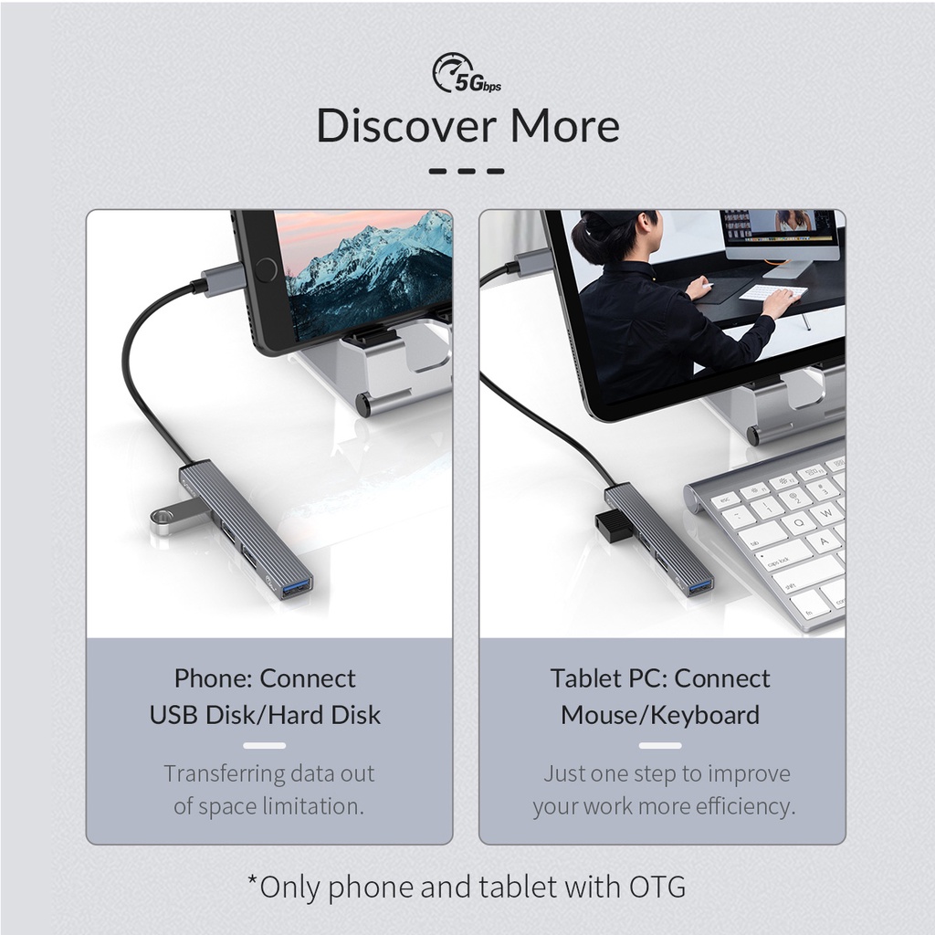 Bộ hub vỏ nhôm USB3.0 type-C, USB-A chia cổng USB và đầu đọc thẻ Orico AH-13/A13/12F/A12F HB26