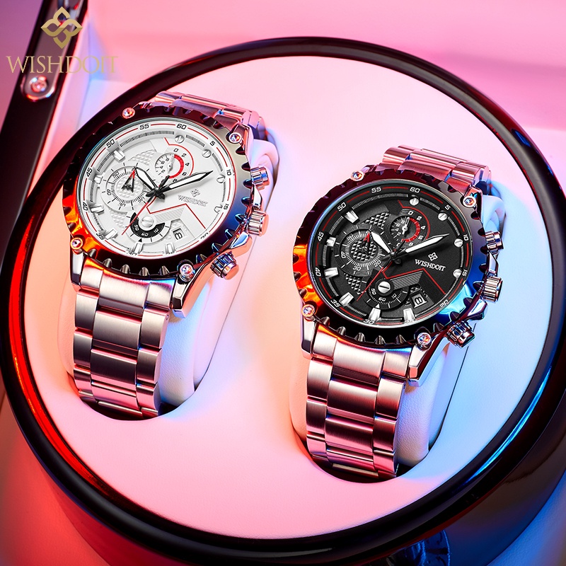 Đồng hồ thể thao WISHDOIT chống thấm nước bằng thép không gỉ Chronograph thời trang cho nam giới có hộp quà tặng màu bạc/đenWSD-017