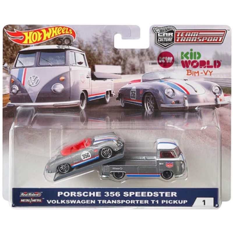 Xe mô hình Hot Wheels Car Culture Team Transport Pack Porsche 356 Speedster Volkswagen T1 Pickup FLF61, bánh cao su.