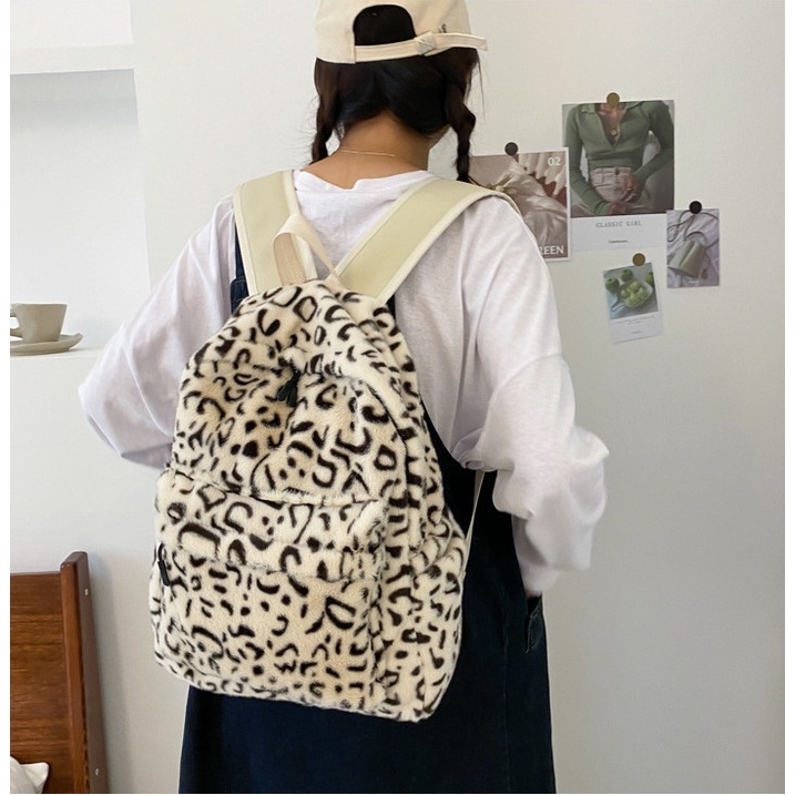 Cặp đi học nữ xinh lông cừu màu loang thời trang, Balo lưng da cao cấp bền bỉ, quà tặng bạn bè người thân ý nghĩa