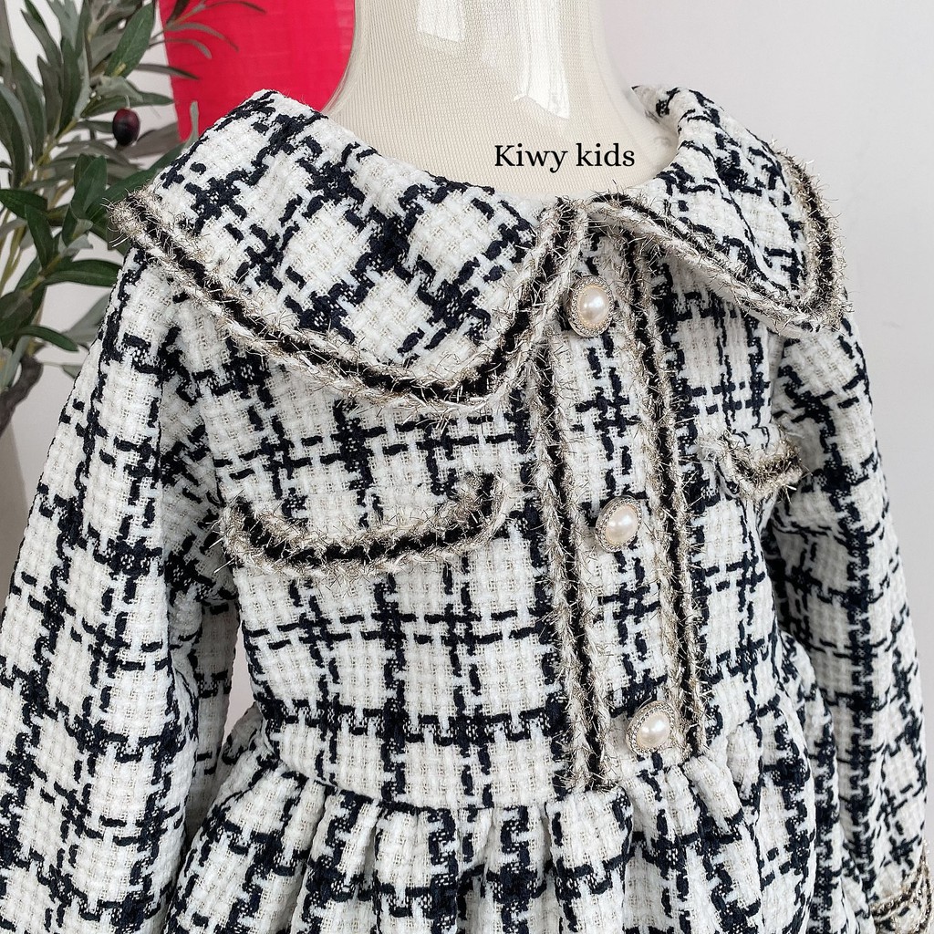 Váy dạ Tweed dáng xòe điệu đà KIWY KIDS68 lót lông mềm mịn cho bé gái từ 1 đến 7 tuổi