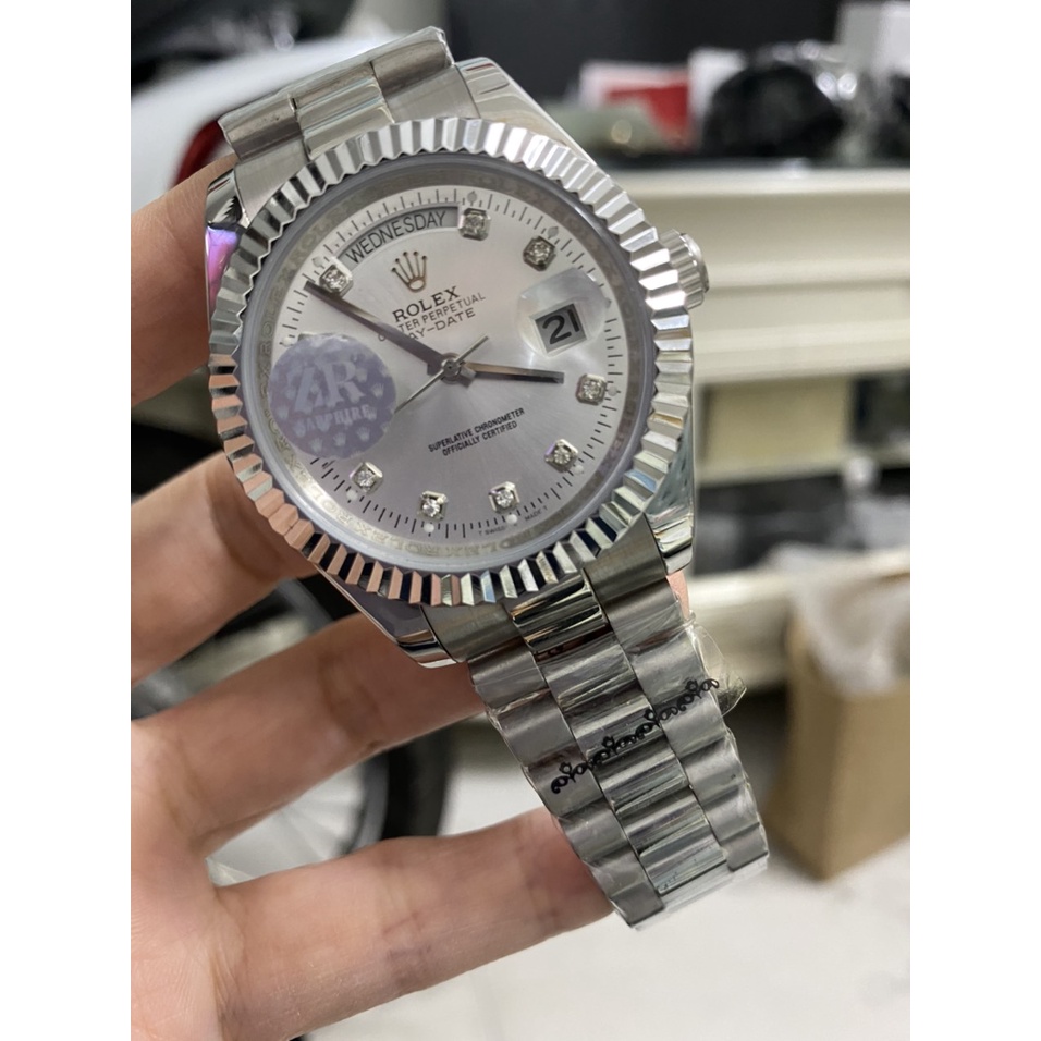 Đồng hồ Nam Rolex máy nhật dòng cơ Automatic size 41mm số đá day date vỏ trắng mặt trắng dây kim loại