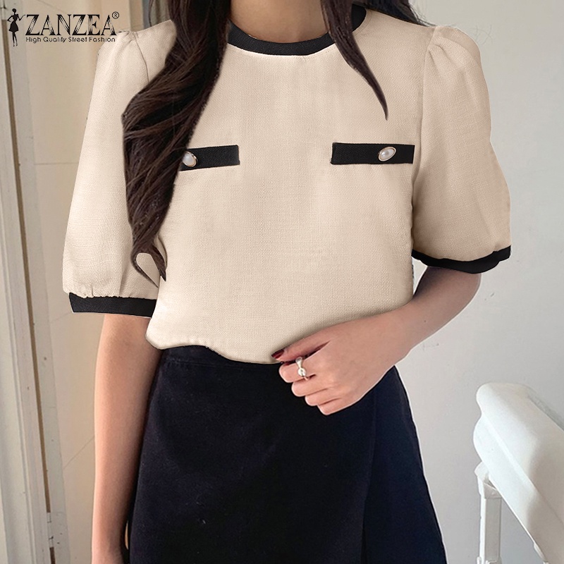 ZANZEA Áo Kiểu Cổ Tròn Tay 3 / 4 Màu Tương Phản Thời Trang Hàn Quốc Cho Nữ