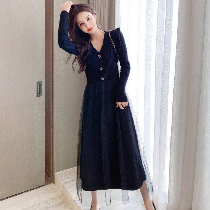 Đầm len phối voan tiểu thư sang chảnh váy len montoghi