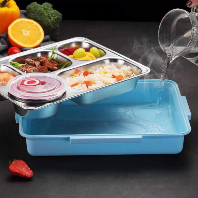 Hộp Cơm Văn Phòng Khay Inox 5 Ngăn Có Bát Để Canh Bọc Nhựa Bên Ngoài - Có Giá Điện Thoại Tặng Thìa Đũa Inox Cao Cấp | BigBuy360 - bigbuy360.vn