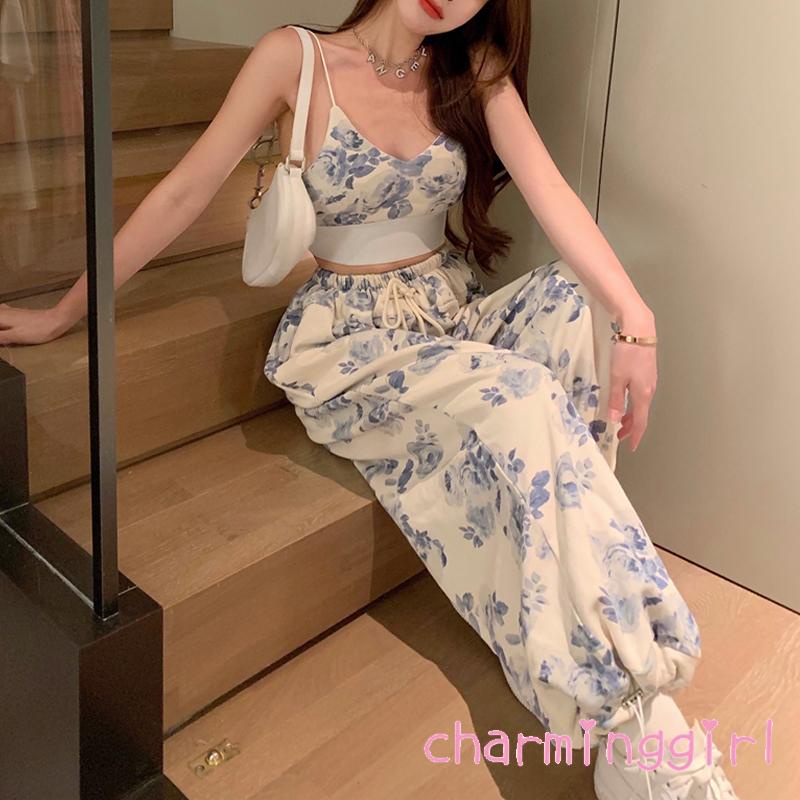 Set Áo Hai Dây Cổ Chữ V In Hoa + Quần Dài Lưng Thun Thời Trang Nữ