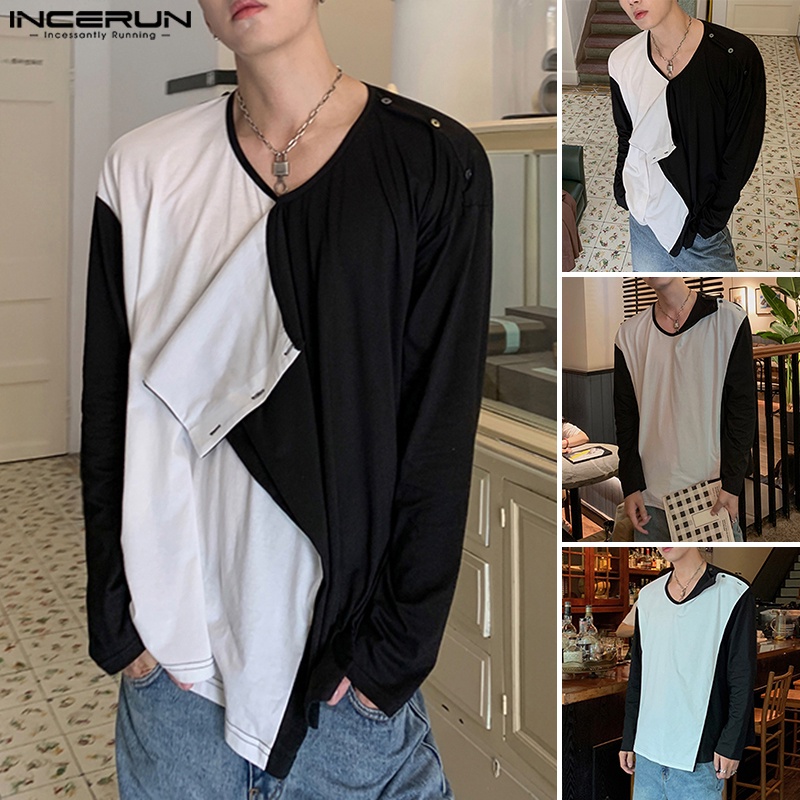 Áo thun INCERUN dài tay cổ chữ V màu trắng đen cho nam