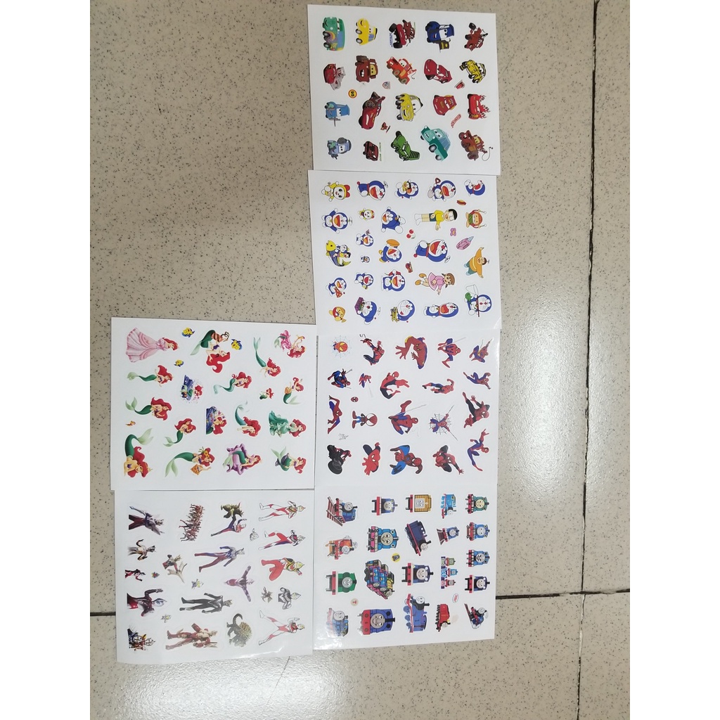 Combo 5 tấm hình dán sticker hoạt hình xe hơi người nhện thomas pokemn tiên cá