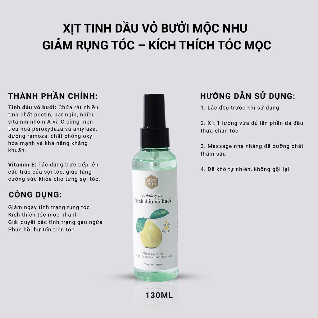 Xịt Tinh Dầu Vỏ Bưởi Mộc Nhu 130ml - Kích Thích Mọc Tóc Nhanh