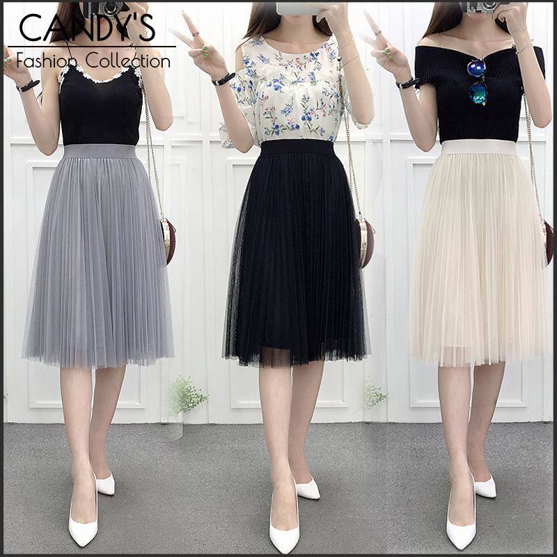 N064 Chân Váy Lưới Chữ A Xếp Ly Lưng Cao Thời Trang