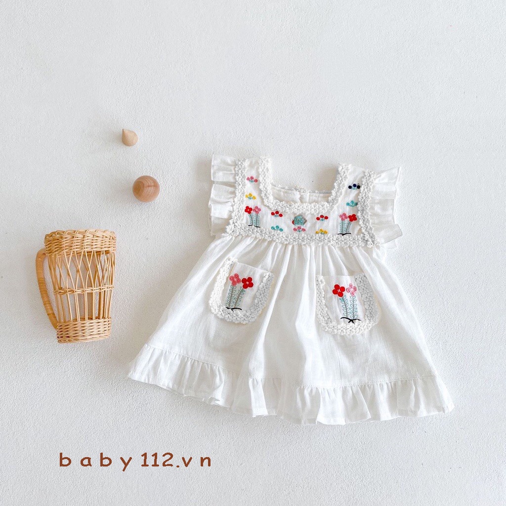Váy đầm cho bé gái sơ sinh trẻ em đến 2 tuổi BABY112.VN chất liệu cotton thoáng mát mềm mịn thêu họa tiết nhiều hoa B011