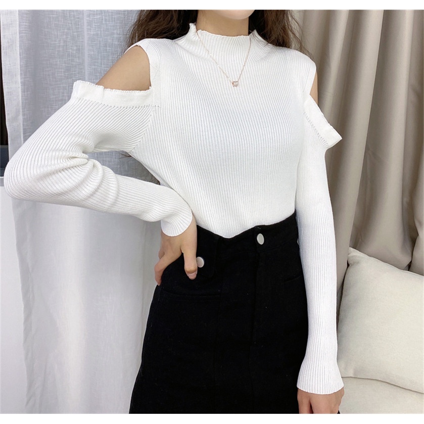 SUXI Áo kiểu dệt kim hở vai ôm dáng vừa vặn thời trang mùa thu mới dành cho nữ