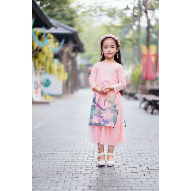 Set áo dài hoa sen kèm chân váy,mấn