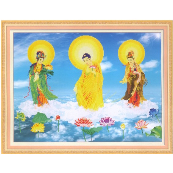 Tranh Thêu Chữ Thập 3D Tam Thế Phật A908 (tranh tự thêu) KT:94x72cm tranh đính đá DF548 (130x75) , thêu a980 (113x78)cm