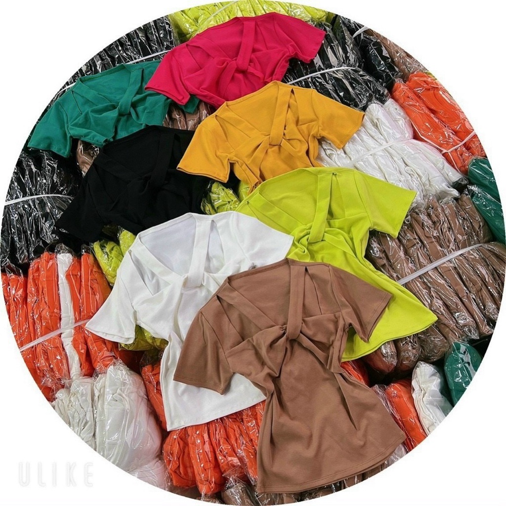 Áo thun nữ kiễu dáng croptop tay ngắn phối dây cổ xoắn ngực hot 50