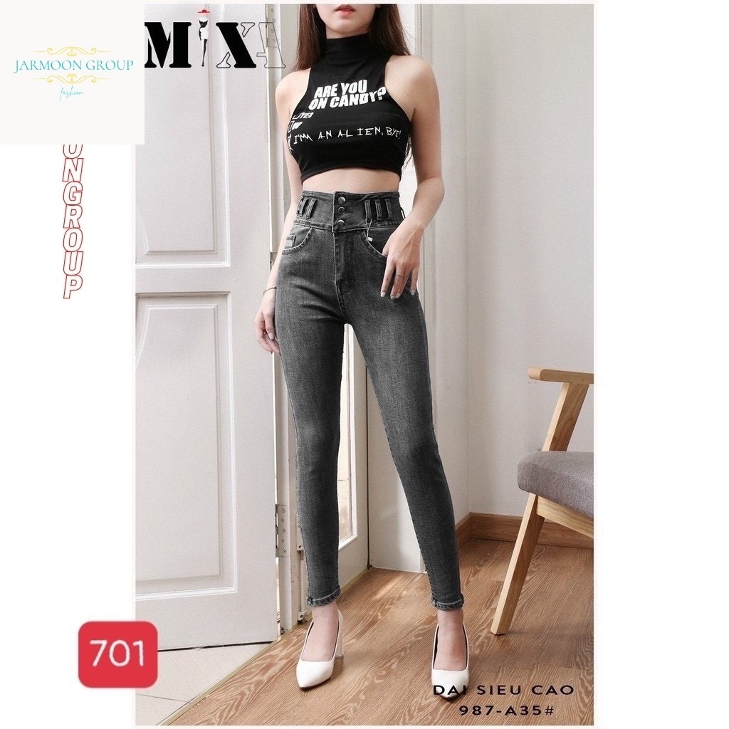 Quần jean Nữ Lưng Cao AD701JM Quần Bò Nữ Xám Trơn Lưng Siêu Cao Tôn Dáng 5 Nút Chuẩn Skinny (SIZE26 - 30)
