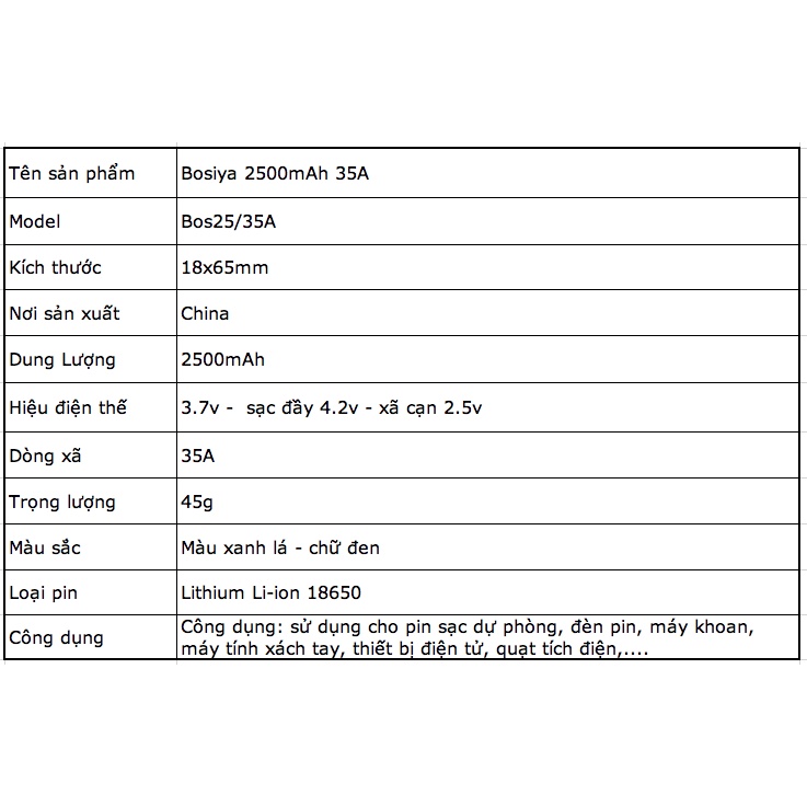 [P05] Pin sạc 18650 Bosiya xã cao 35A 2600mah hàng chính hãng dùng cho thiết bị cầm tay, quạt, laptop, khoan
