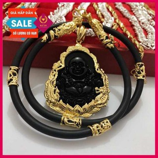 Dây chuyền, vòng cổ nam , dây cao su nạm rồng vàng + mặt phật màu đen bọc vàng đẳng cấp siêu HOT
