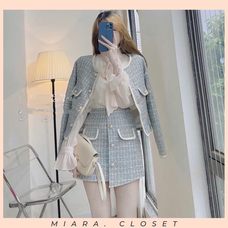 Set Dạ tweed cúc đồng chất dạ dày dặn 2 lớp ,màu xanh siêu đẹp( không kèm áo somi)