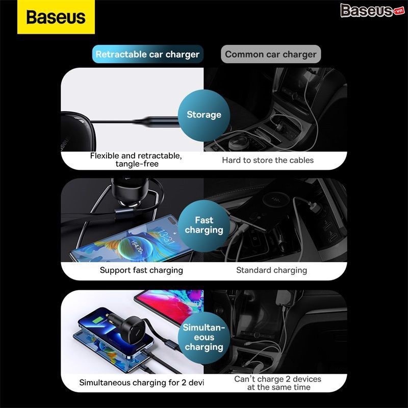 Tẩu Sạc Kèm Cáp Công Suất Cao Baseus Enjoyment Retractable 2-in-1 Car Charger C+L 30W