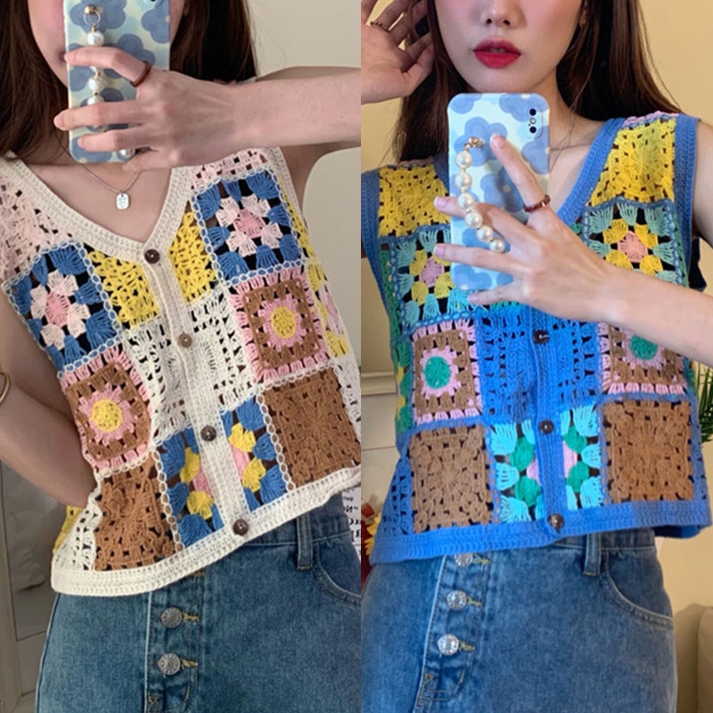 Brroa Áo Crop Top Không Tay Thêu Hoa Rỗng Kiểu Pháp Ngọt Ngào Dễ Phối Đồ Thời Trang Mùa Hè