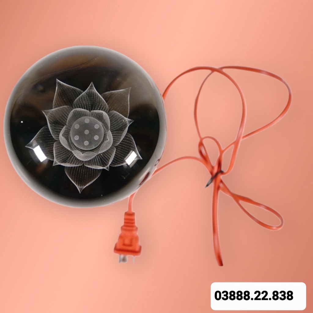 Đèn thờ led pha lê quả cầu sen nguyên khối đế đồng vàng đổi màu cao cấp – 8in cao 20 cm